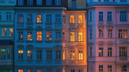 Naklejka premium A serene evening view of illuminated apartment buildings showcasing architectural details.