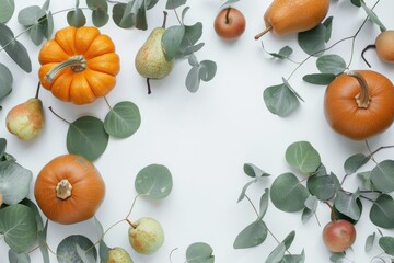 Autumn Harvest Frame with Pumpkins Pears and Eucalyptus