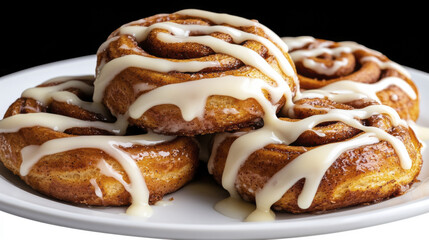 Delicious cinnamon rolls topped with creamy icing on white plate