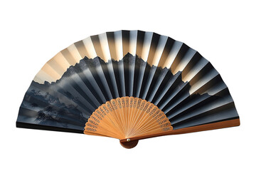  Traditional folding hand fan with scenic mountain print, wooden ribs, decorative style, isolated on transparent background