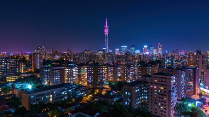 Fototapeta premium A vibrant city skyline at night, showcasing illuminated buildings and a tall tower.
