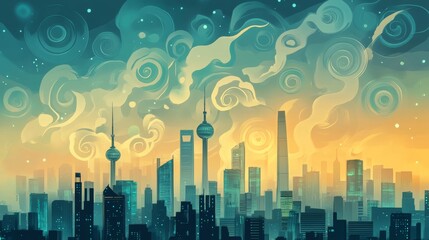 Fototapeta premium Abstract city skyline with colorful smoke and dreamy atmosphere
