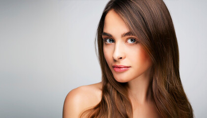 Fototapeta premium Close up portrait of a young woman with long brown hair, fair skin, and soft makeup against a light neutral background