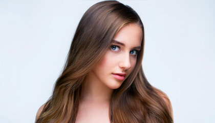 Fototapeta premium Close up portrait of a young woman with long brown hair, fair skin, and soft makeup against a light neutral background