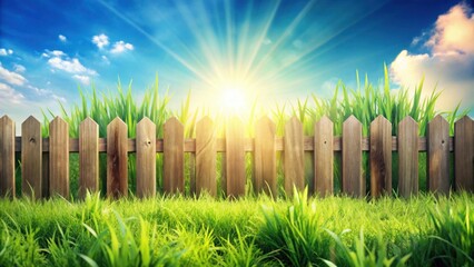 Obraz premium A Sunny Day's Gleam Beyond a Rustic Wooden Fence, Enclosing Lush Green Grass
