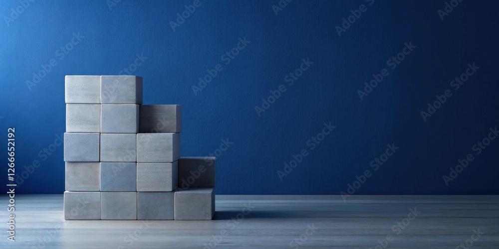 Poster a structured arrangement of pale gray cubic blocks against a deep blue backdrop