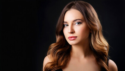Fototapeta premium Portrait of a young woman with wavy brown hair, natural makeup, and confident expression, posing against a black background