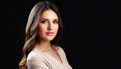 Naklejka premium Portrait of a young woman with wavy brown hair, natural makeup, and confident expression, posing against a black background