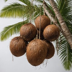 A close-up of a coconut cluster hanging from the tree, set against a white background.