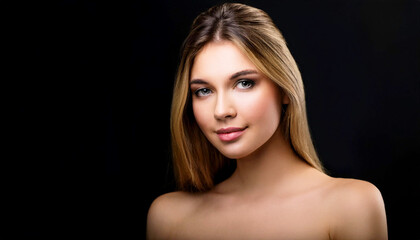 Naklejka premium Portrait of a young woman with wavy brown hair, natural makeup, and confident expression, posing against a black background
