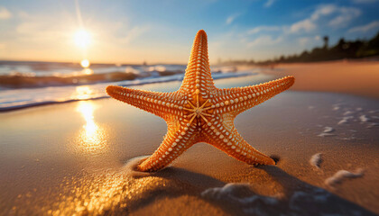 Fototapeta na wymiar starfish on the beach, starfish standing on a sandy beach during sunset, with ocean waves gently rolling in the background, The warm golden sunlight highlights the texture