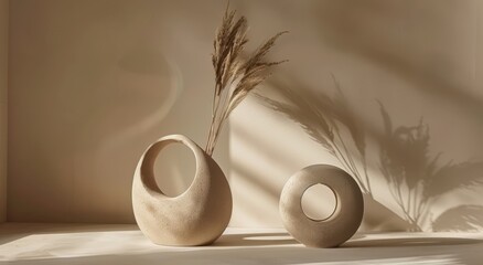 Beige Textured Ceramic Vases with Dried Flowers in Sunlight