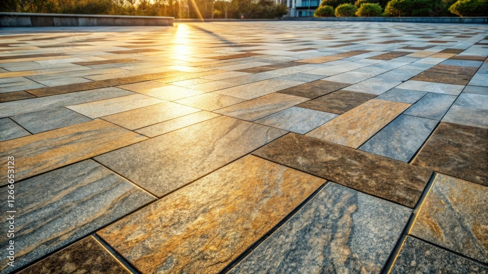 Poster golden hour pavement a textured surface of interlocking stone tiles basking in warm sunlight