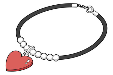  Photograph of a black rubber choker necklace with a silver clasp, featuring four silver ball charms evenly spaced along the length of the necklace. The necklace has a bright red heart pendant hangi