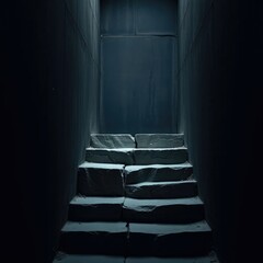 Forbidding, dark cement stairs with a broken step in the darkness, nature, darkness, cement