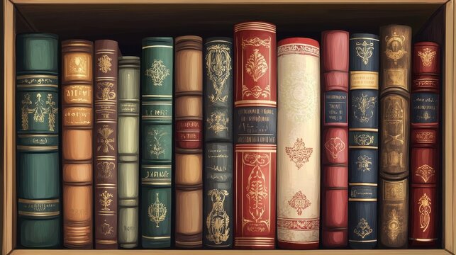 Antique Bookshelf Displaying Ornate Leather Bound Volumes