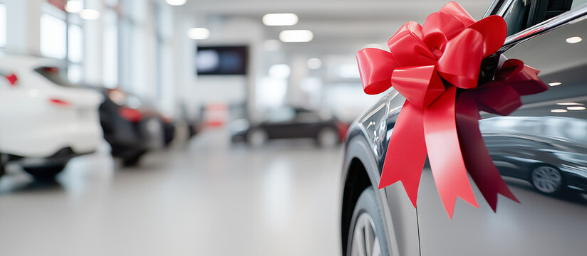New car in a car showroom with a bright red bow and a "SALE" tag. Advertising car showrooms, seasonal sales, promotions on new cars and favorable offers on loans.