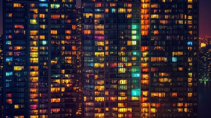 Fototapeta premium A vibrant cityscape at night, showcasing illuminated windows of high-rise buildings.