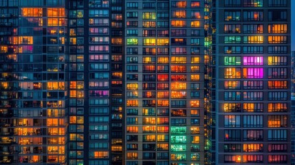 A vibrant cityscape at night, showcasing illuminated apartment windows.
