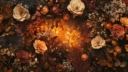 A vibrant arrangement of dried flowers and foliage with warm lighting.