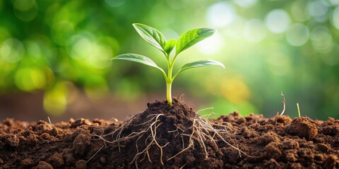 New roots growing from a piece of plant stem in damp earth, greenery, organic life