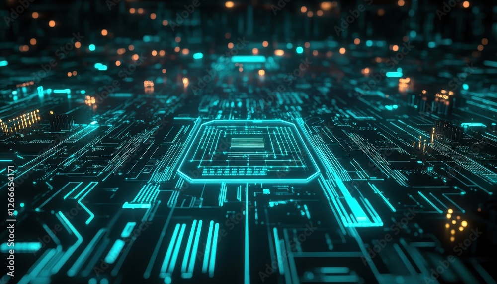 Poster Abstract Teal Circuit Board with Glowing Microchip