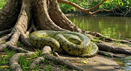  A Green Anaconda Resting on a Sun-Drenched Riverbank, Its Body Coiled Amongst the Roots of a Giant Kapok Tree