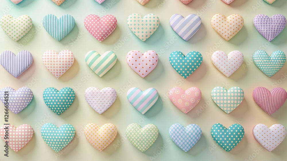 Aufkleber A delightful arrangement of pastel-colored heart-shaped objects, each adorned with a unique and charming patterned design, creates a visually appealing and aesthetically pleasing composition.