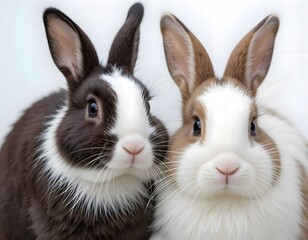 Fototapeta premium Two adorable baby rabbits against a plain background.