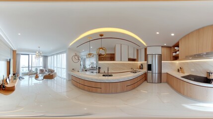 Modern kitchen with sleek design, ample lighting, and elegant finishes.