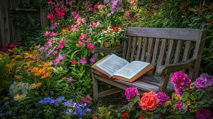 Serene Garden Scene Book on Bench Amidst Blooming Flowers