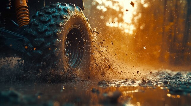 ATV wheel splashing mud in sunset forest trail