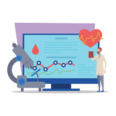 Scientific professional examining health data displayed on large screen, showcasing graphs and metrics related to health monitoring and analysis. Microscope indicating lab setting