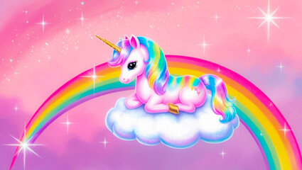 Obraz premium Whimsical Pastel Rainbow Unicorn Background with Sparkling Stars & Fantasy Sky. pastel rainbow unicorn, whimsical unicorn background, sparkling stars, pink fantasy sky