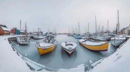 Obraz premium A serene winter harbor scene with boats surrounded by snow and ice.