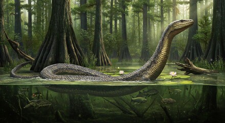 Obraz premium A Titanoboa Slithering Through a Swampy Environment