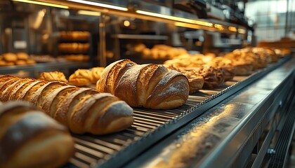 Conveyor line in an industrial bakery with freshly baked loaves and pastries, warm ambient light creating a cozy and inviting atmosphere, hyperrealistic details