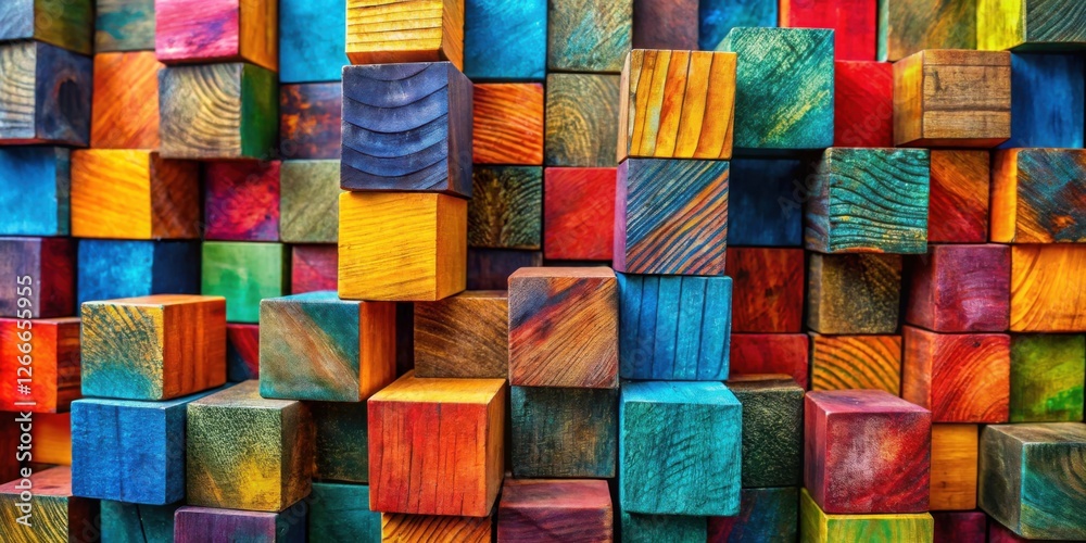Aufkleber vibrant wooden cubes arranged in a complex, colorful, and textured pattern, creating a stunning visu