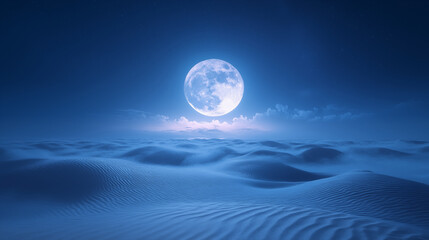 Desert sand dunes under full moon at night, creating ethereal blue landscape with rippled patterns and cloudy sky