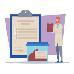 Health professional in lab coat reviewing patient records while holding clipboard. Health management concept