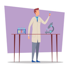 Scientist in lab coat holding test tube while examining it under microscope. Health-related research, featuring lab equipment concept