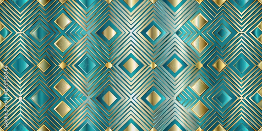 Poster Abstract Teal and Gold Geometric Pattern Design with Interlocking Diamond Shapes and Linear Elements