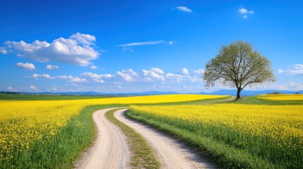 Winding road through sunny rapeseed field, tree, hills