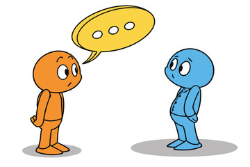  A simple, 3D-rendered illustration of two cartoon-style characters with round heads and no facial features, one orange and one blue, standing on round bases. The orange character is on the left, an