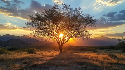 Fototapeta premium Golden sunset over a tree, soft rays of light shining through the branches, casting a beautiful glow over the landscape