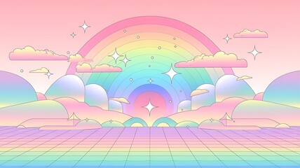 abstract fabulous pattern and a cute candy wallpaper aesthetic, holographic fantasy rainbow background with clouds and stars.