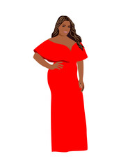 Beautiful black curvy girl wearing evening dress, formal gown for celebration, wedding, party. Pretty plus size female character vector realistic illustration isolated on white background.