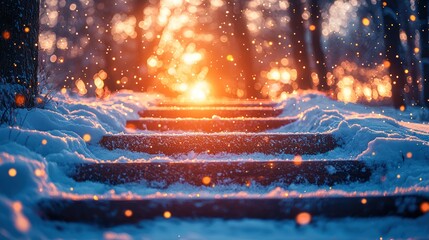 Enchanted Winter Steps: A Magical Sunset Snowfall