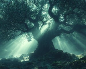 Ancient trees draped in moss, surrounded by a mystical fog in a quiet forest, with rays of light shining through, magical and ethereal, ultrarealistic