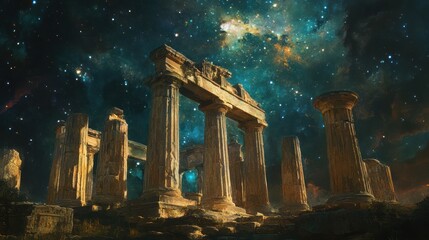 Fototapeta premium Ancient Ruins Under Starry Night Sky